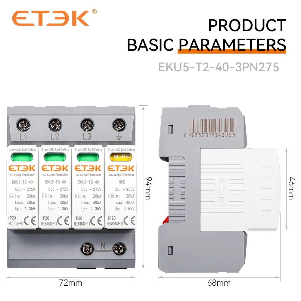 Imagem -05 - Dispositivo Protetor do Impulso da Casa de Etek Protetor Prendedor tipo t2 Spd C.a. 4p 20ka40ka 3p Mais Npe 275v Eku5-t2403pn275
