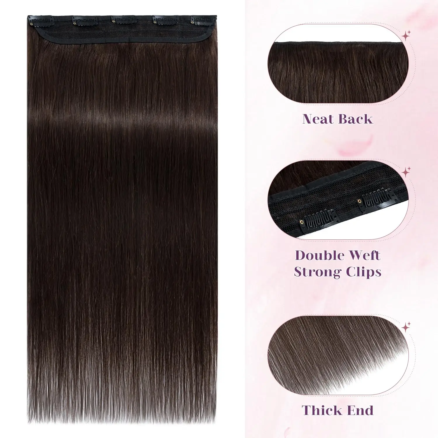 One Piece Hair Extensions Clip Ins Human Hair 5 Clips 3/4 Full Head Clip On Dark Brown Color Remy Hair Extensions For Women