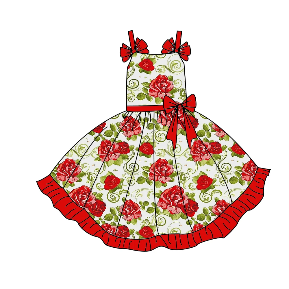 Boutique Girls' Dress Strappy Bow Decoration Hemline Ruffles Featuring Flower Print Kids' Everyday Outfits wholesale