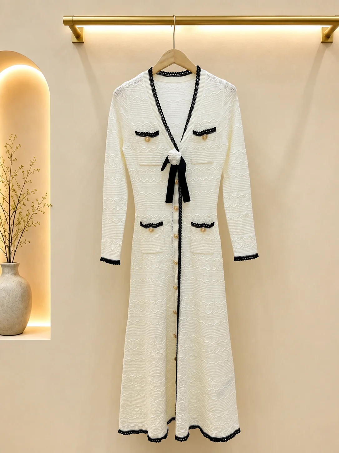 

2026 Women Dress Long Sleeve Textured Knit Midi Skirt V Neck Contrast Binding Pearl Button Bow Front Pocket Bodycon Outfit