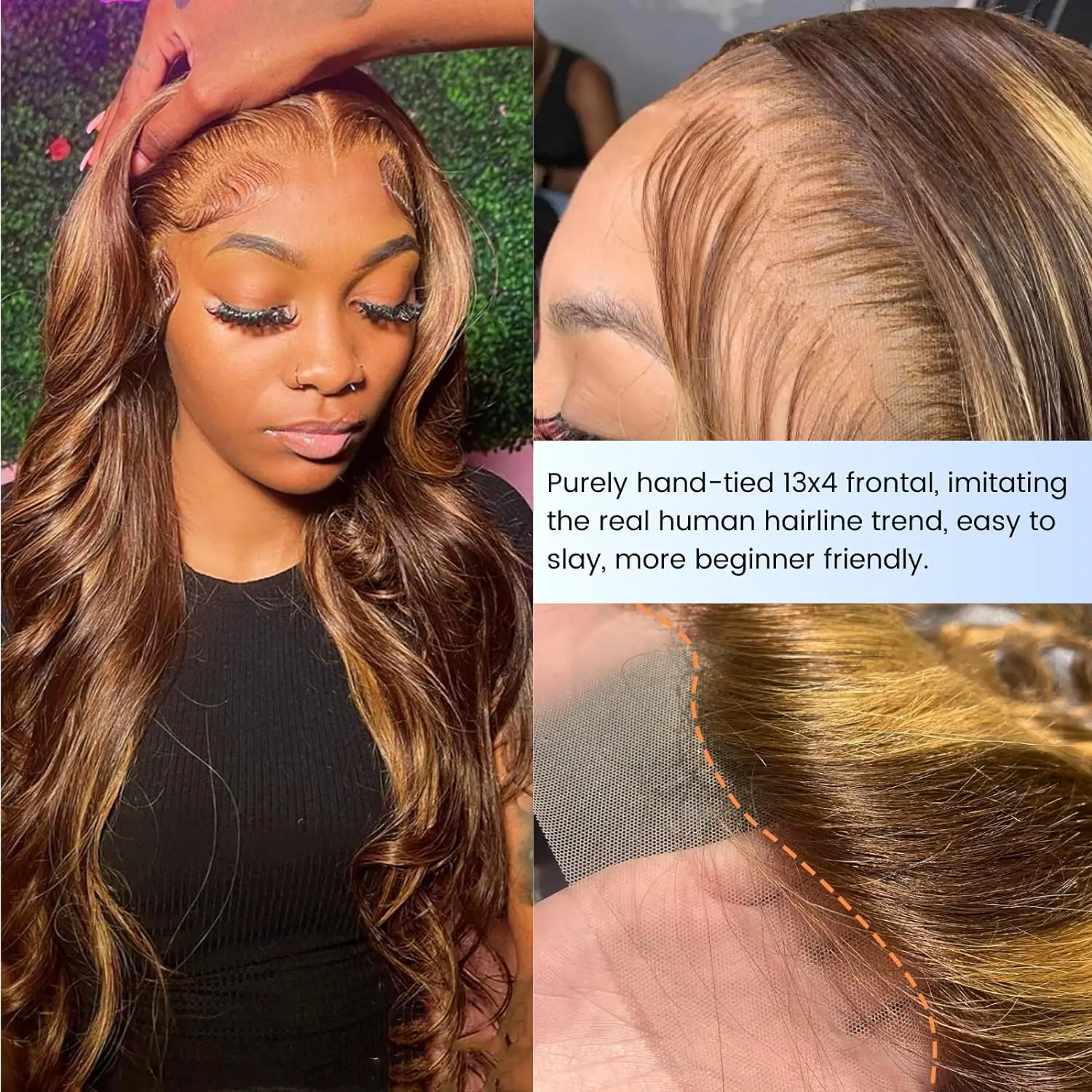 Body Wave Bundles With Frontal P4-27 Natural Brazilian Human Hair 3 Bundle with 13x4 Lace Frontal Honey Blonde Highlight Bundles