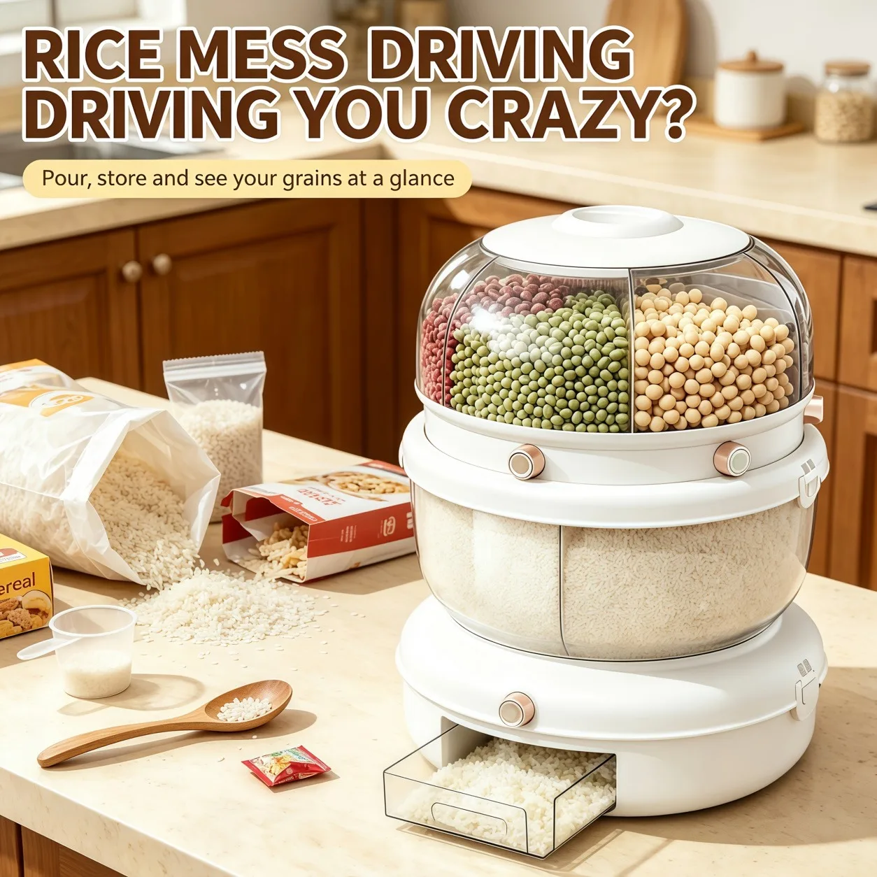 Double-layer, multi-compartment rotatable rice container with a one-touch rice drawer function, airtight grain storage jar, top cover with four compartments, white transparent large-capacity grain storage jar, ideal for storing beans, lentils, rice, and d