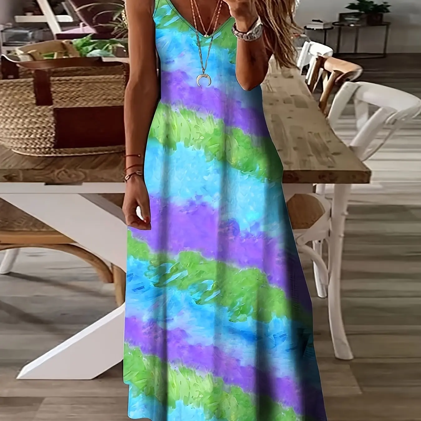 Women's Summer Simple Geometric Print Suspender Dress Casual Fashion Beach Seaside Resort Style Loose And Comfortable Long Dress