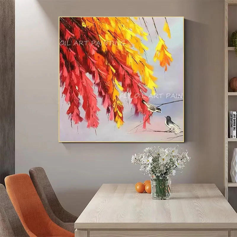 Classic Art Still Life Abstract Oil Painting Handmade Modern European Artwork Yellow Red Flowers Birds Landscape Wall Art Decor