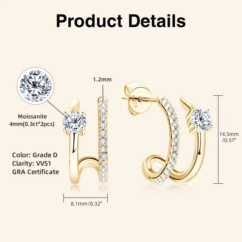 Anziw NEW 4mm Moissanite Piercing Stud Ear Cuffs 925 Sterling Silver Double Side Hoop Earrings for Women Illusion Jewelry Gifts