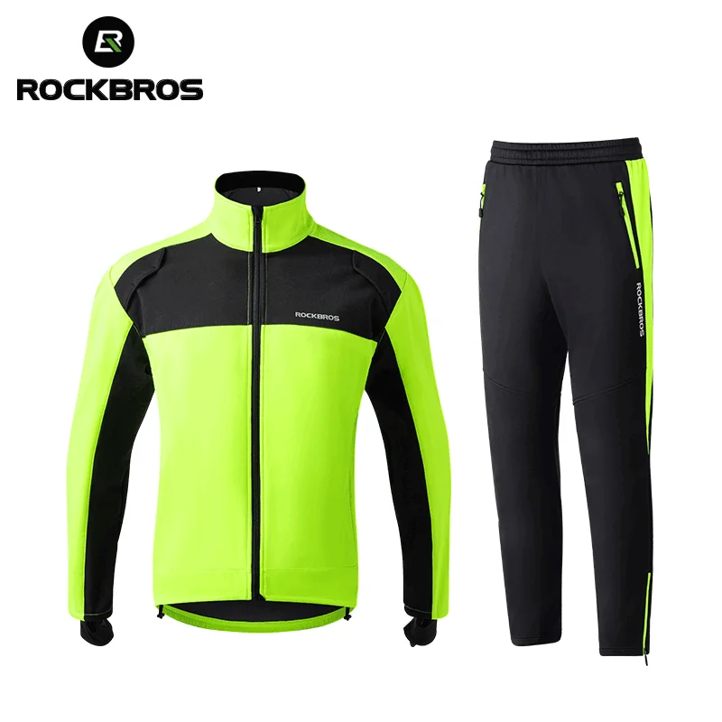 ROCKBROS Autumn Winter Cycling Clothing Sets Thick Thermal Windproof Jersey Outdoor Sport Jacket Pant Fleece Suit Sportswear