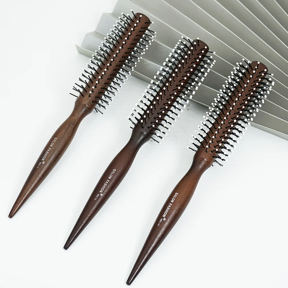 Natural Wood Handle Round Barrel Hair Comb Anti Static Brush Hair Round Comb Styling Tools For Thin Or Short Hair Men Women Use