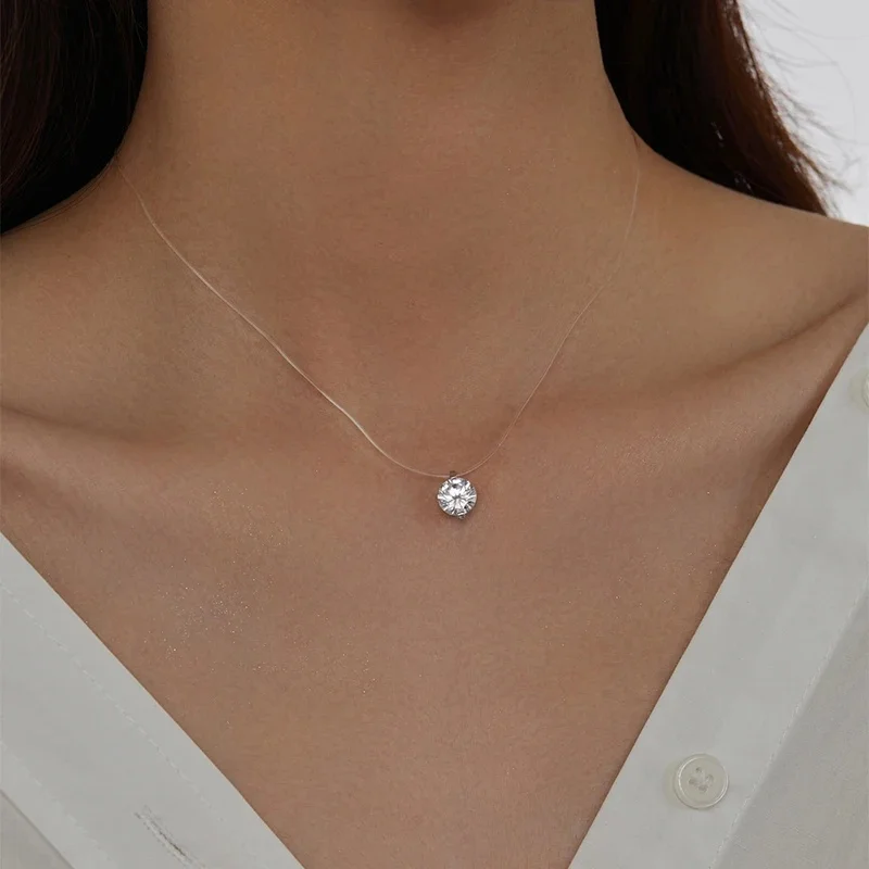 925 Sterling Silver AAA Cyrkon Kryształowy wisiorek Choker Naszyjnik Przezroczysta żyłka wędkarska 2024 Drobna biżuteria dla kobiet Prezent ślubny — zdjęcie 2