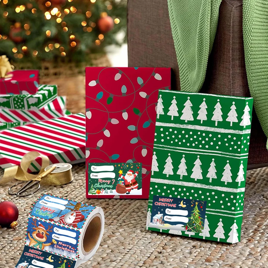 500 ชิ้นสติกเกอร์ป้ายของขวัญคริสต์มาสรูปม้วน, ป้ายชื่อแบบมีกาวในตัวสำหรับของขวัญ, กระเป๋า, กล่อง, กระดาษห่อของขวัญ
