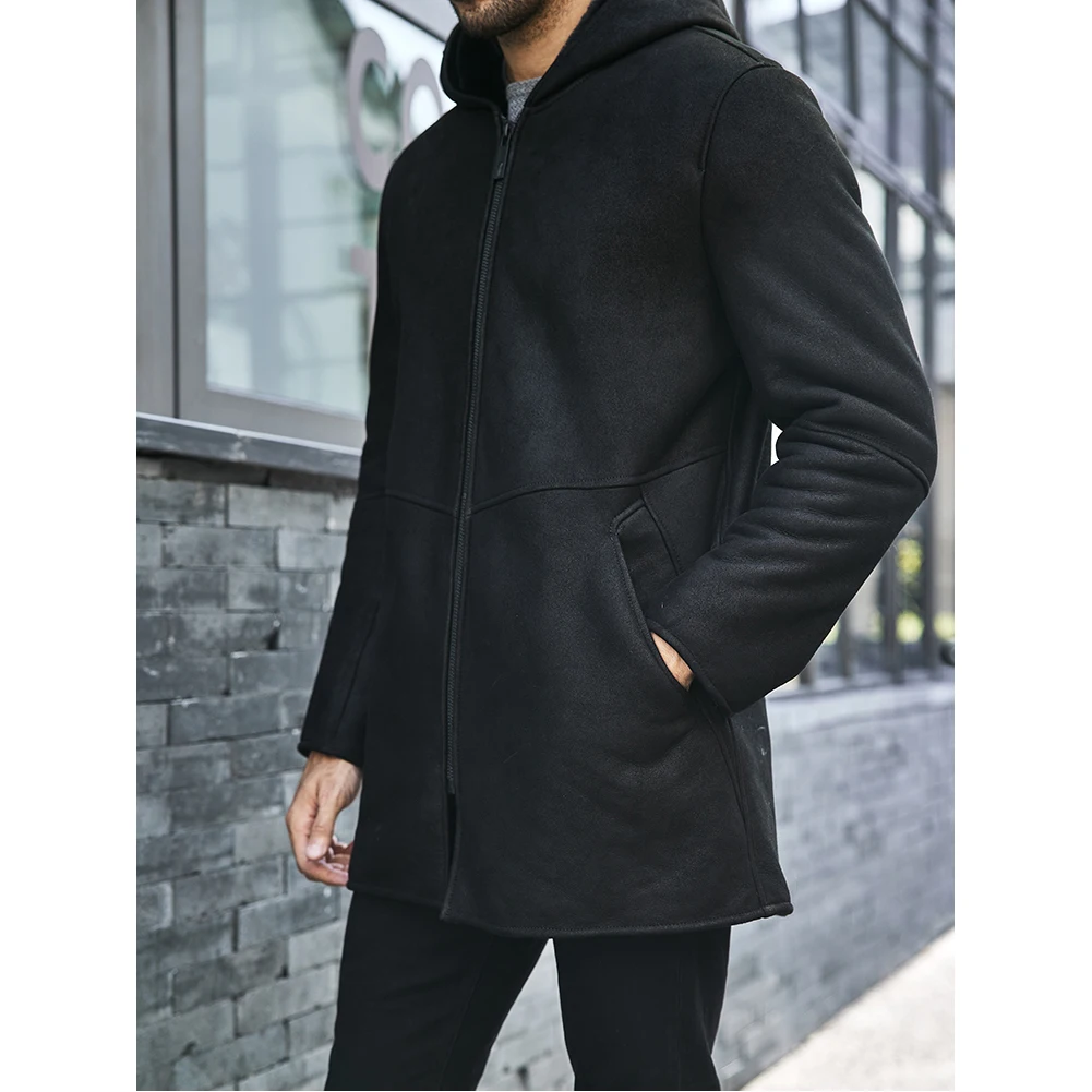 Denny&Dora Men’s Shearling Jacket – Hooded Long Leather Coat, Winter Sheepskin Fur Jacket