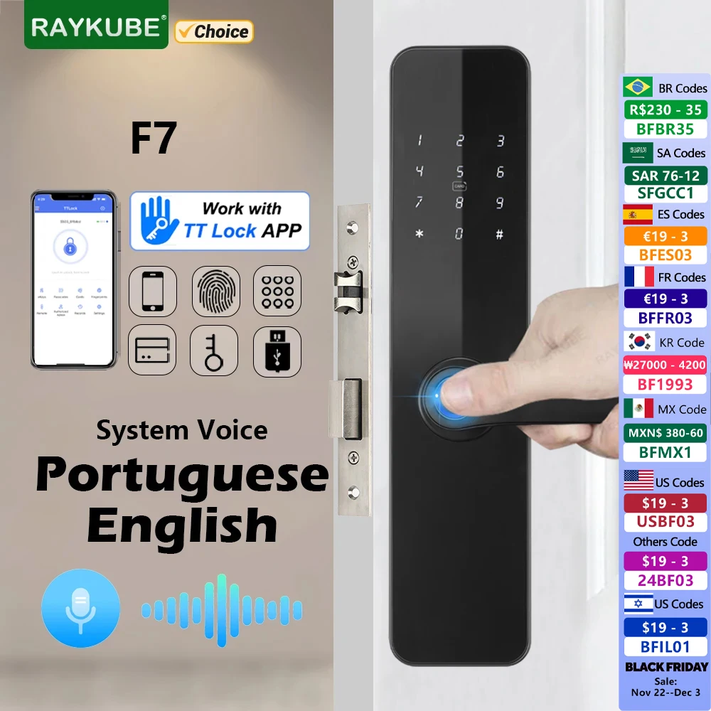 RAYKUBE F7 TT-Schloss, Fingerabdruckschloss, elektrisches Türschloss mit längerem, größerem Griff, portugiesische/englische