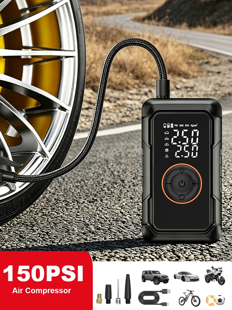 Kabellose Auto-Luftpumpe 150PSI Tragbarer Luftkompressor Elektrische Aufpumppumpe Tragbarer Reifenfüller für Auto und Motorrad mit Digitalanzeige