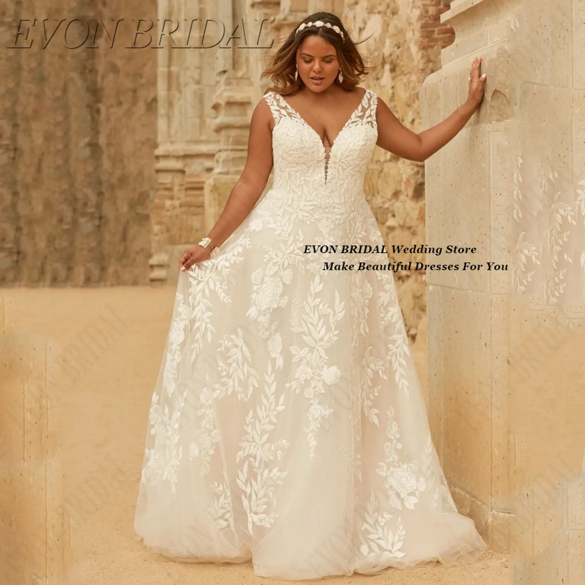 

Appliques Plus Size Wedding Dress Backless Vestidos De Novias De Boda 2025 V Neck Wedding Reception Dress EVON BRIDAL Customized