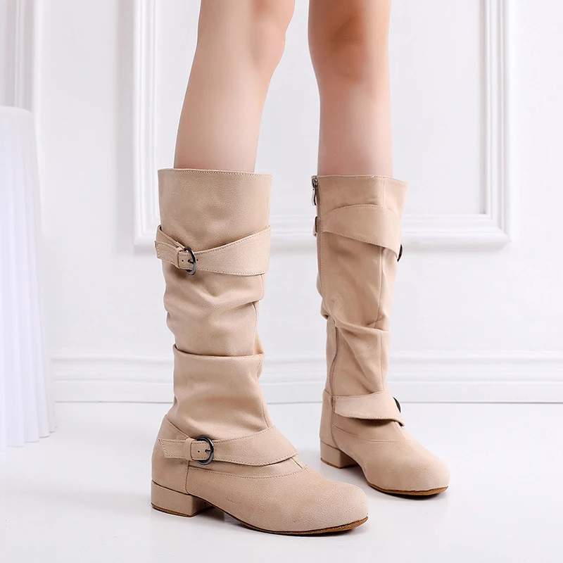 Woman Beige Dance Boots For Girls Flannel Ballroom Dancing Shoes For Women Soft Bottom Latino Shoes For Kids Flat Heel 2.5cm