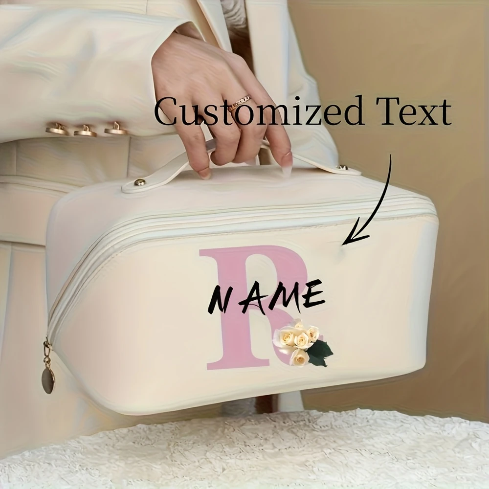 A Customizable Floral Letter Name Solid Color Toiletry Bag, a Large Capacity Makeup Bag , Perfect for Valentine'S Day Gifts