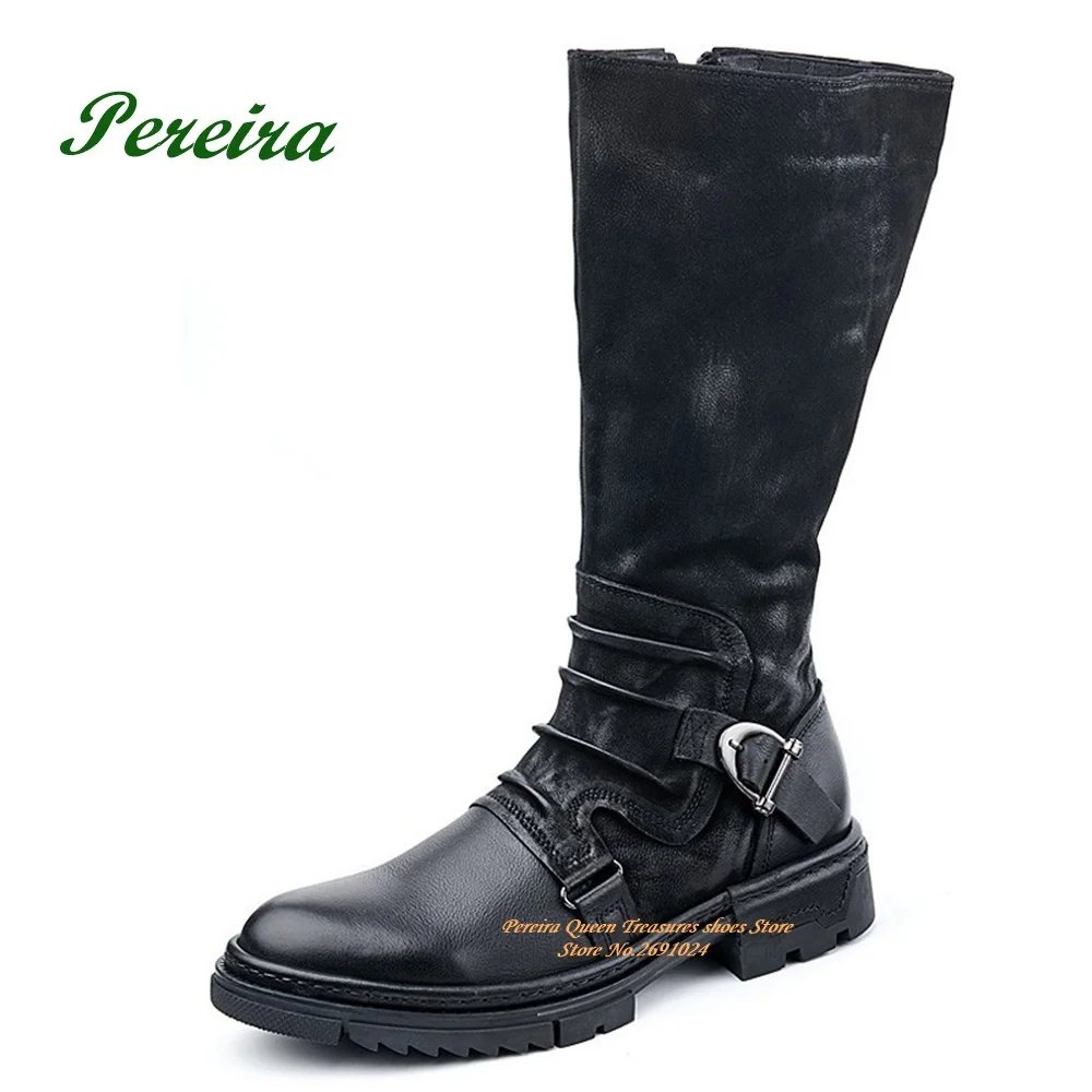 Botas de altura plissadas masculinas, sapatos de couro marrom, dedo do pé redondo, fivela, altura do joelho, costura vintage, casual, inverno