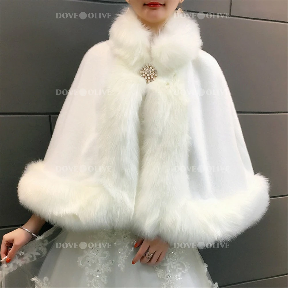 Bridesmaid Cape with Brooch Ivory Faux Fur Wedding Wrap Women Shrug Bridal Jacket Stole BrideShawl Winter Warm Bolero