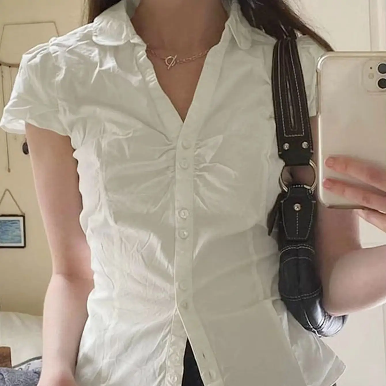 Women Solid Shirring White Shirts Summer Kawaii Button Up Turn Down Collar Short Sleeve Tops Vintage Ladies Office Casual Clothe
