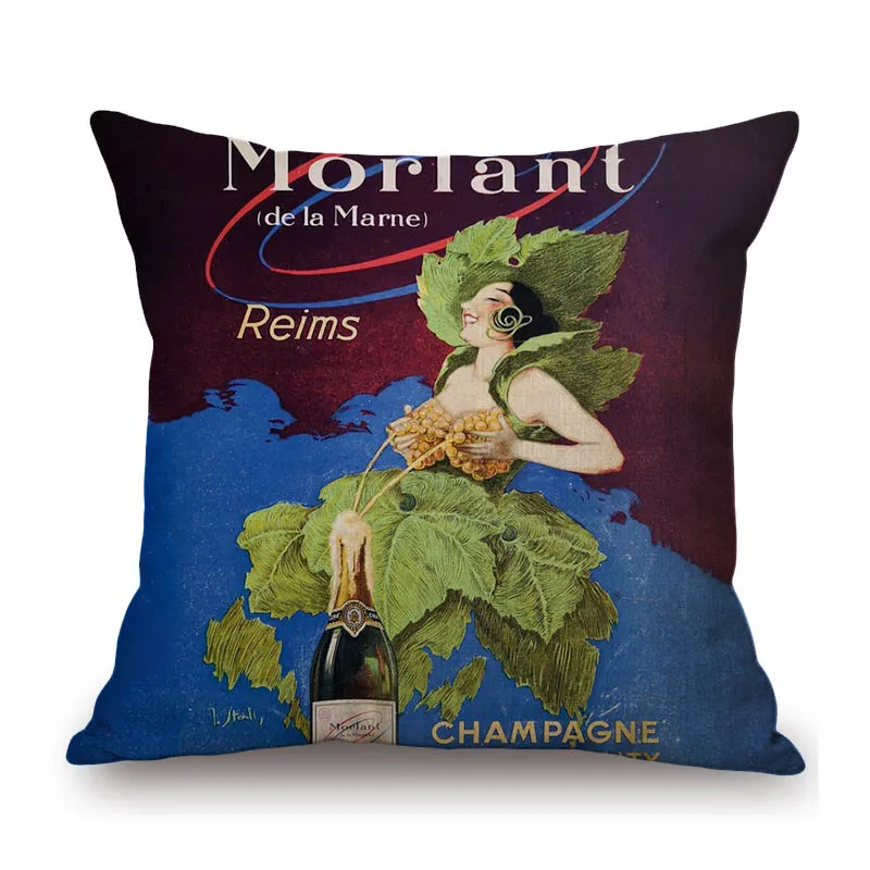 Vintage French Wine Champagne Poster Art Bar Retro Style Lobby Decoration Cotton Linen Sofa Pillow Case Wall Chair Cushion Cover