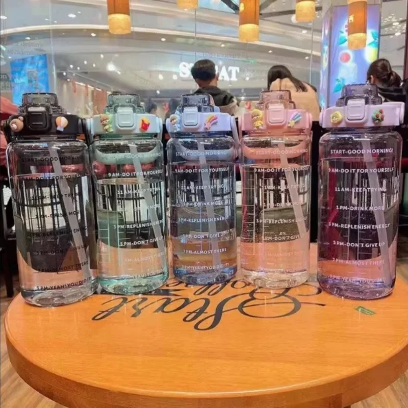 AliExpress NONE 2 Liter Water Bottle with Straw Female Jug Girls Portable Travel bottles Fitness Bike Cup Summer Cold Water Jug with Time Marker