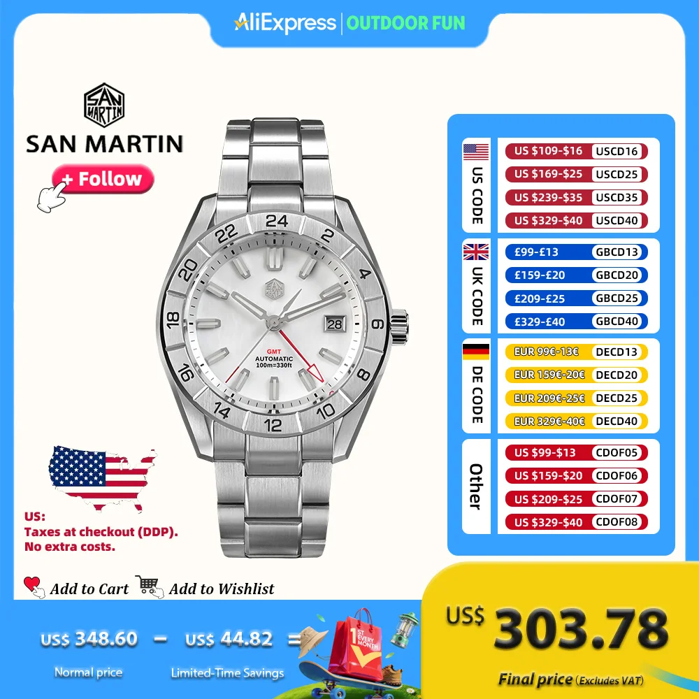 

San Martin 42 мм Роскошные китайские мужские часы из нержавеющей стали NH34 GMT Автоматические механические часы Швабра с циферблатом Водонепроницаемые 10 бар SN0130