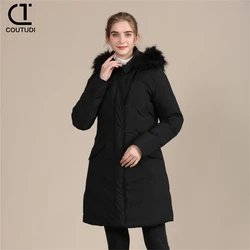 COUTUDI-Long Parkas with Fur Hooded for Women, Warm Down Jacket, Casual Coat, Female Overcoat, Winter Fashion, New, 2024