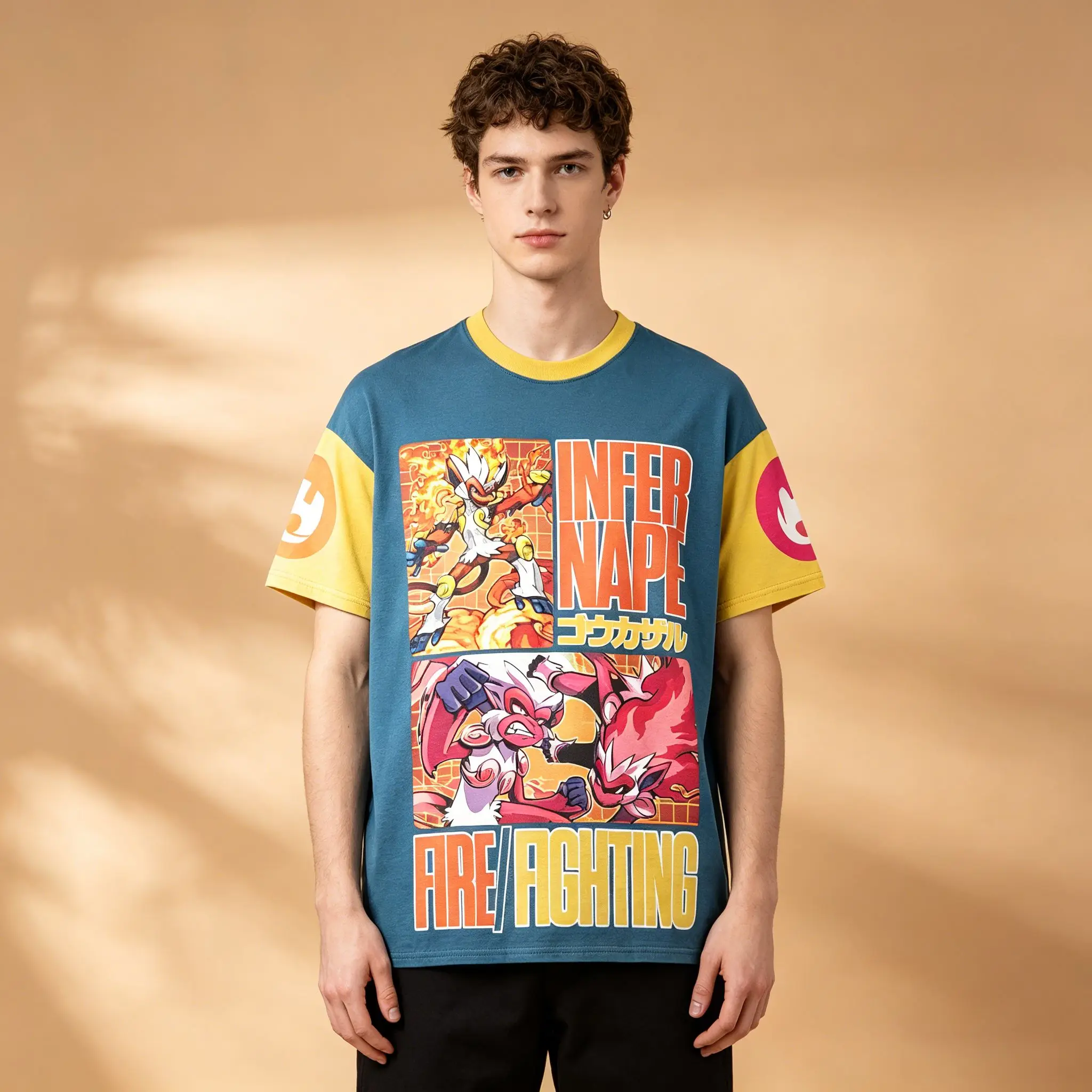 camiseta-masculina-raglan-color-block-anime-estampa-retro-de-grelha-com-tema-pokemon-infernape-tipo-combate-a-incendios-manga-curta-casual-para-otaku