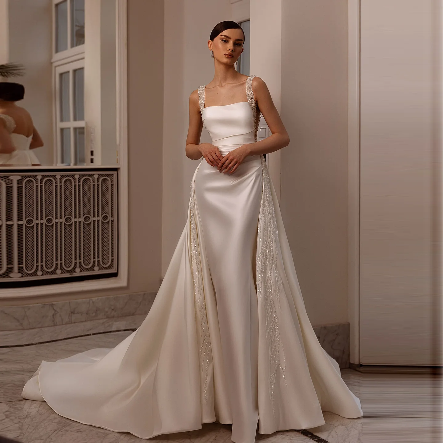 

Sharon Said Satin Mermaid Wedding Dress Luxury Beaded Pearls Long Train Sexy Backless Bridal Gowns SW490 Customized