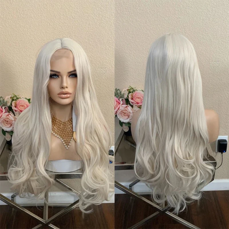 26 ''biały platynowy blond syntetyczna koronka peruka Front luźne fale peruka syntetyczna włókno termoodporne peruka do Cosplay ludzkich włosów mieszane