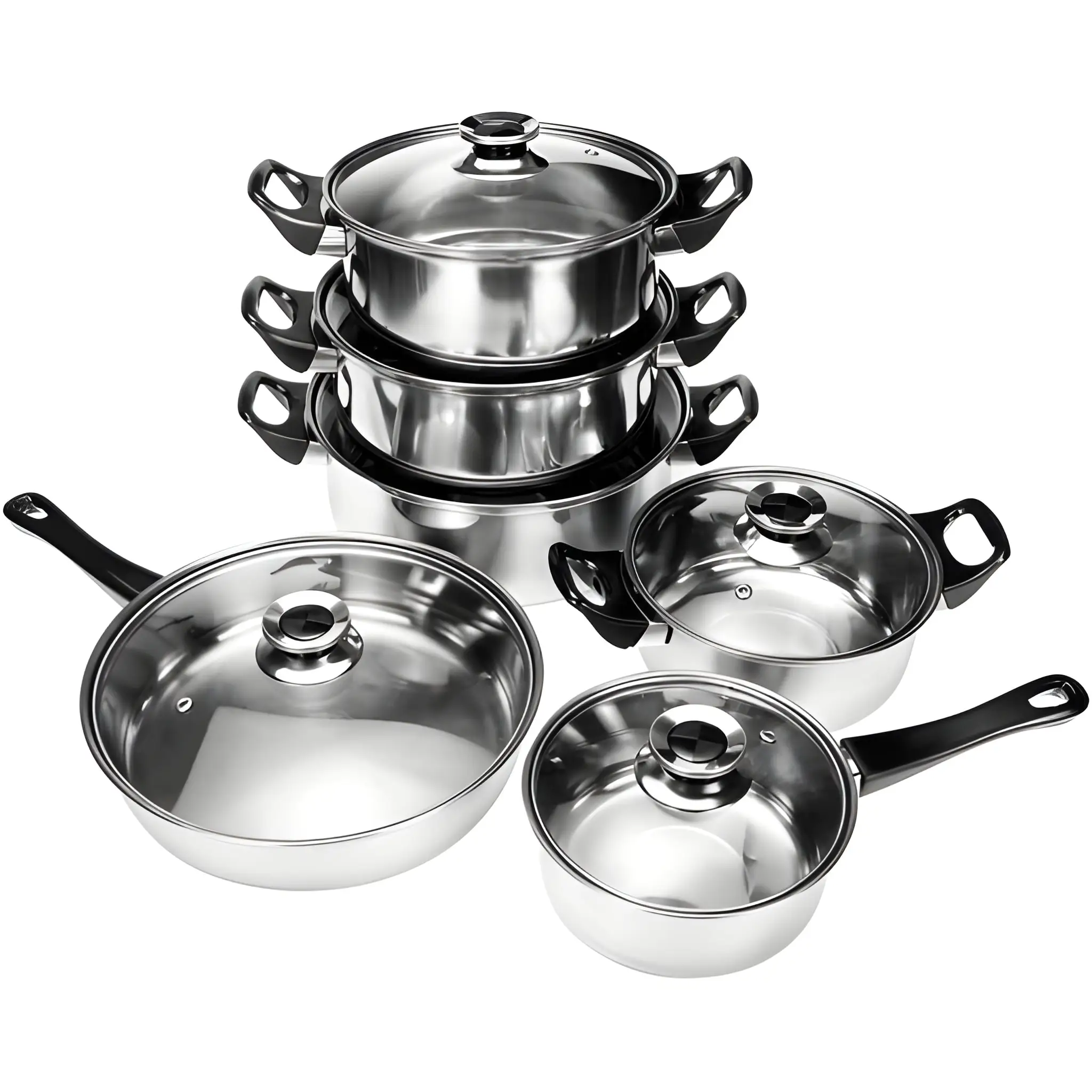 Set di Pentole in Acciaio Inox 12 Pezzi con Coperchi in Vetro Fondo a Induzione Batteria di Pentole e Padelle Bollilatte