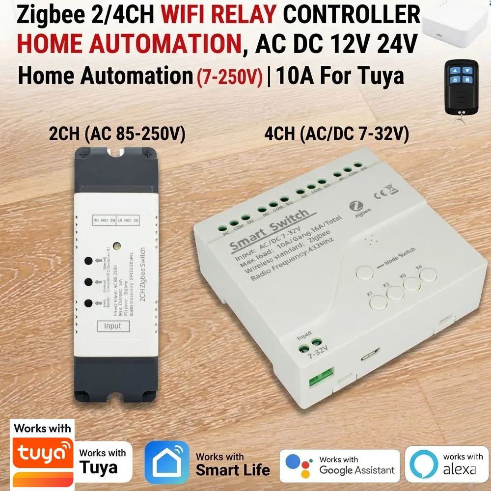 

Zigbee 2/4CH AC DC 12V 24V Wifi Relay Controller Smart Switch Home Automation App Remote Control Light Switch 10A For Tuya