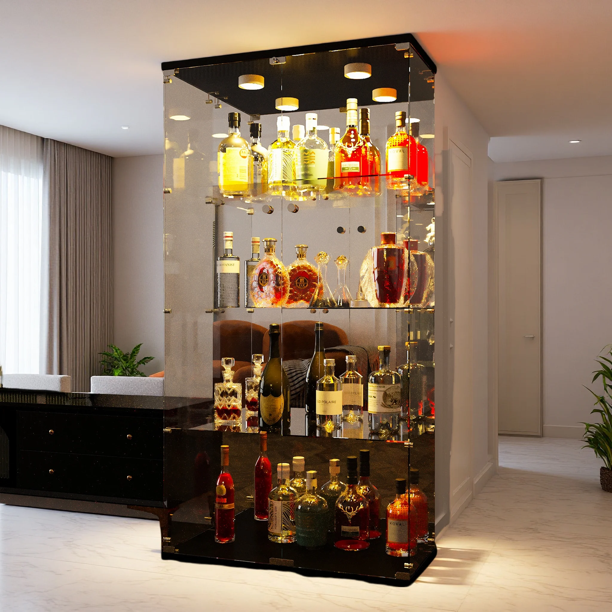 Vitrina de pie, vitrina de 4 niveles con iluminación LED, vitrina de 2 puertas, vitrina con frente de cristal y cerradura, mueble para salón u oficina.