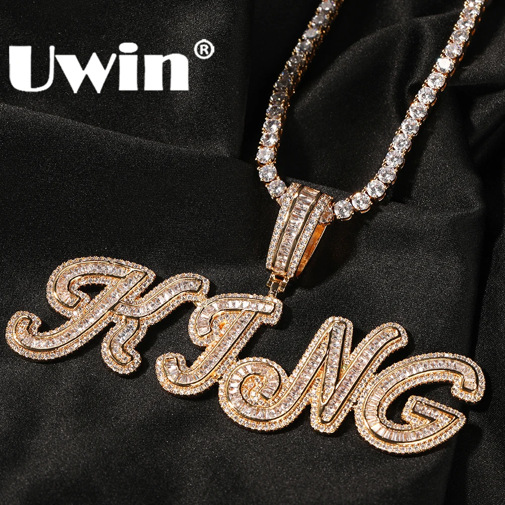 UWIN Custom Cursive Baguettecz Letters Pendant Necklace Personalized Iced Out CZ Name Necklaces Fashion Hip Hop Jewelry for Gift