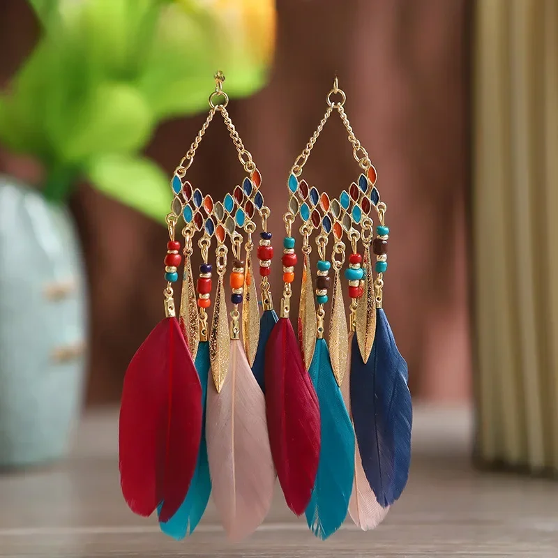 Boheemse Etnische Veren Bengelen Oorbellen Voor Vrouwen Trendy Lange Kwastjes Kleurrijke Kralen Drop Oorbellen Meisje Vrouwelijke Boho Sieraden - afbeelding 2