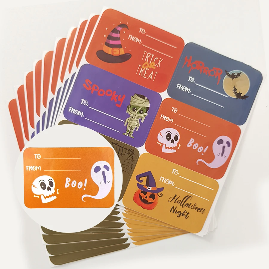 Halloween Tags & Stickers - 60 Pcs Self-Adhesive Pumpkin, Ghost, Bat, Spider, Witch Hat Gift Wrap Tags