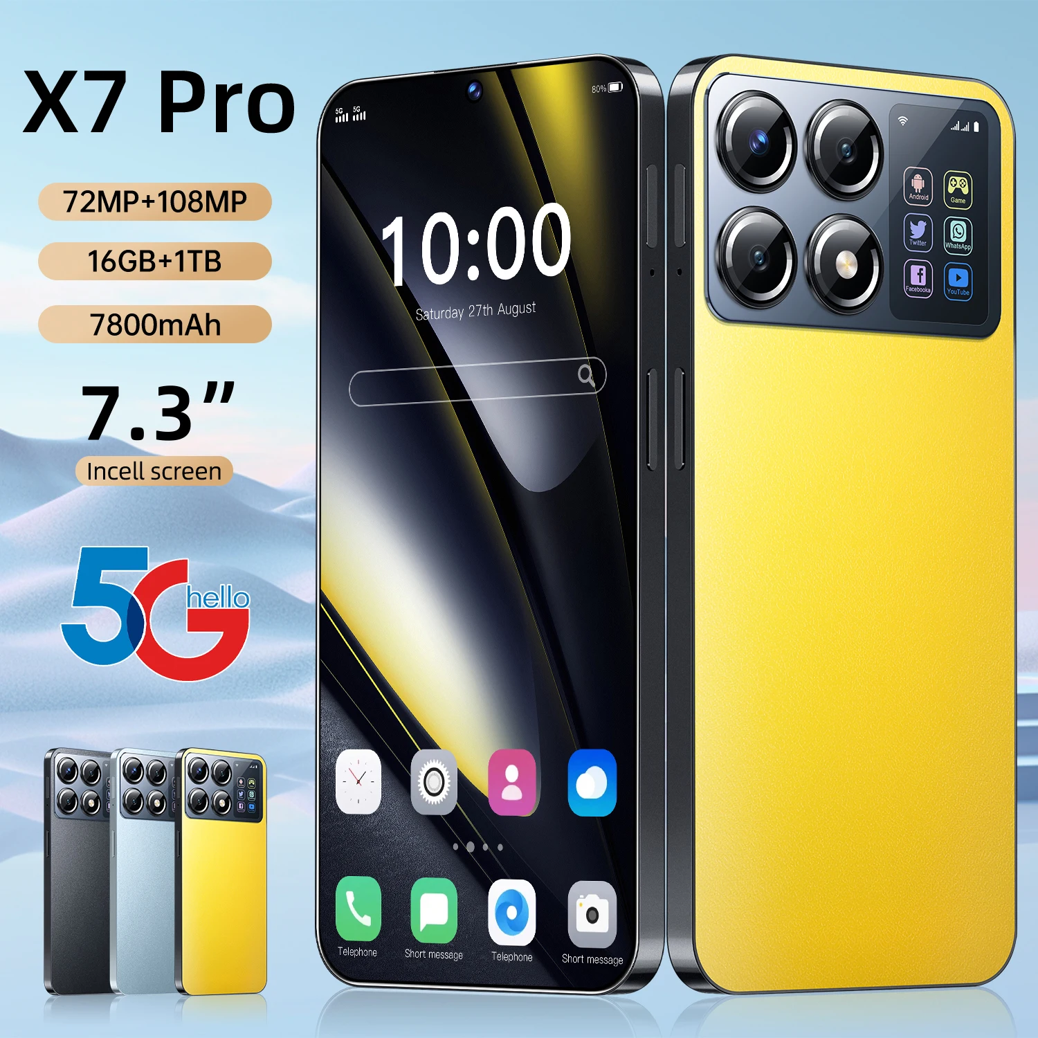 

2025 New X7 Pro Global Version Smartphone 7.3 inch Full Screen 4G/5G Cell Phone 16TB+1TB 7800mAh Mobile Phones 108MP Celulares