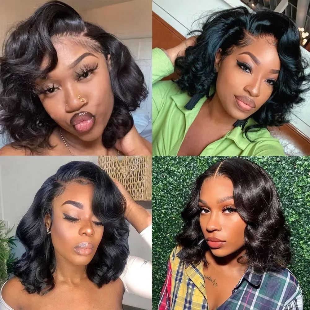 18인치 브라질리언 바디 웨이브 숏 밥 13x4 HD 투명 레이스 프론트 인모 가발 200% 밀도 밥 레이스 프론탈 클로저 가발
