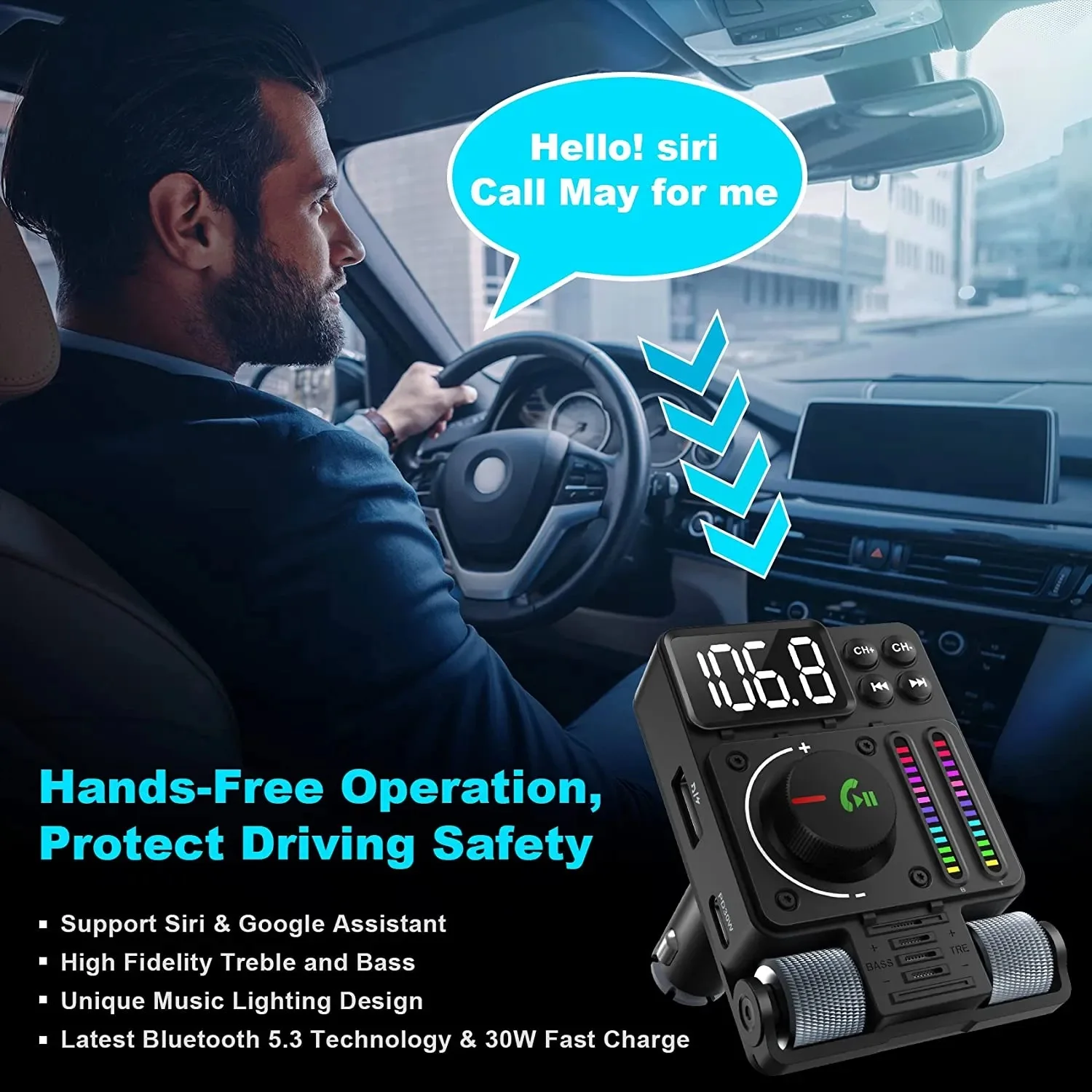 VR Robot Bluetooth 5.3 Car FM Transmitter Bass Treble Sound Music Player Wireless Handsfree Support U Disk PD 30W Fast Charging