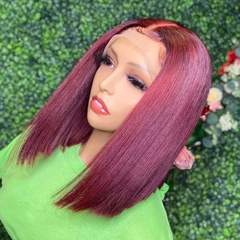 Burgundy Short Straight Bob Wig 13x4 99J Bob Wig Human Hair Lace Bob Wigs Brazilian Hair Pre Plucked With Baby Hair 200% Density