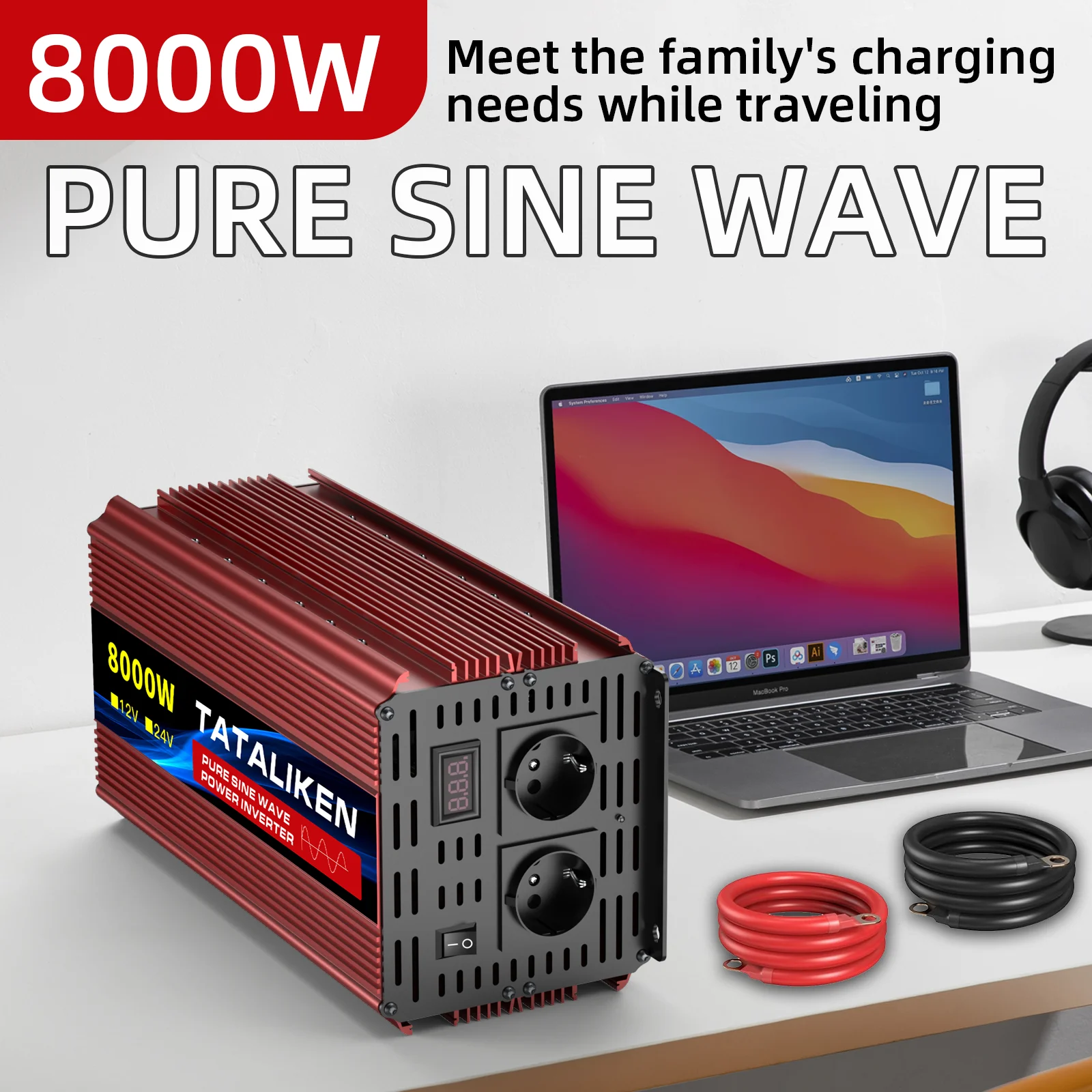 6000W Pure Sine Wave Inverter 12V to 220V 50Hz, EU Socket with Dashboard Mountable Design & LED Indicator, Compact Power for Van Life City Car