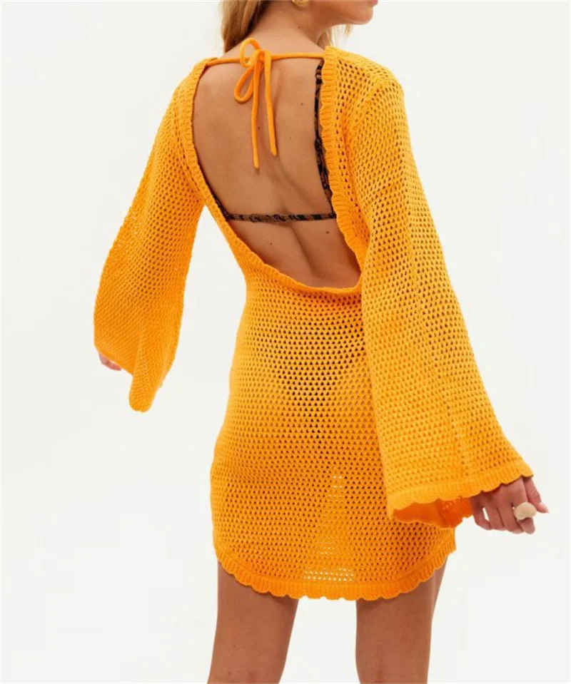 Women's Sexy Long Sleeve Backless Short Knit Dress Beach Hollow Out Crochet Bikini Cover-Up Summer Swimwear Female Swimsuit view 6