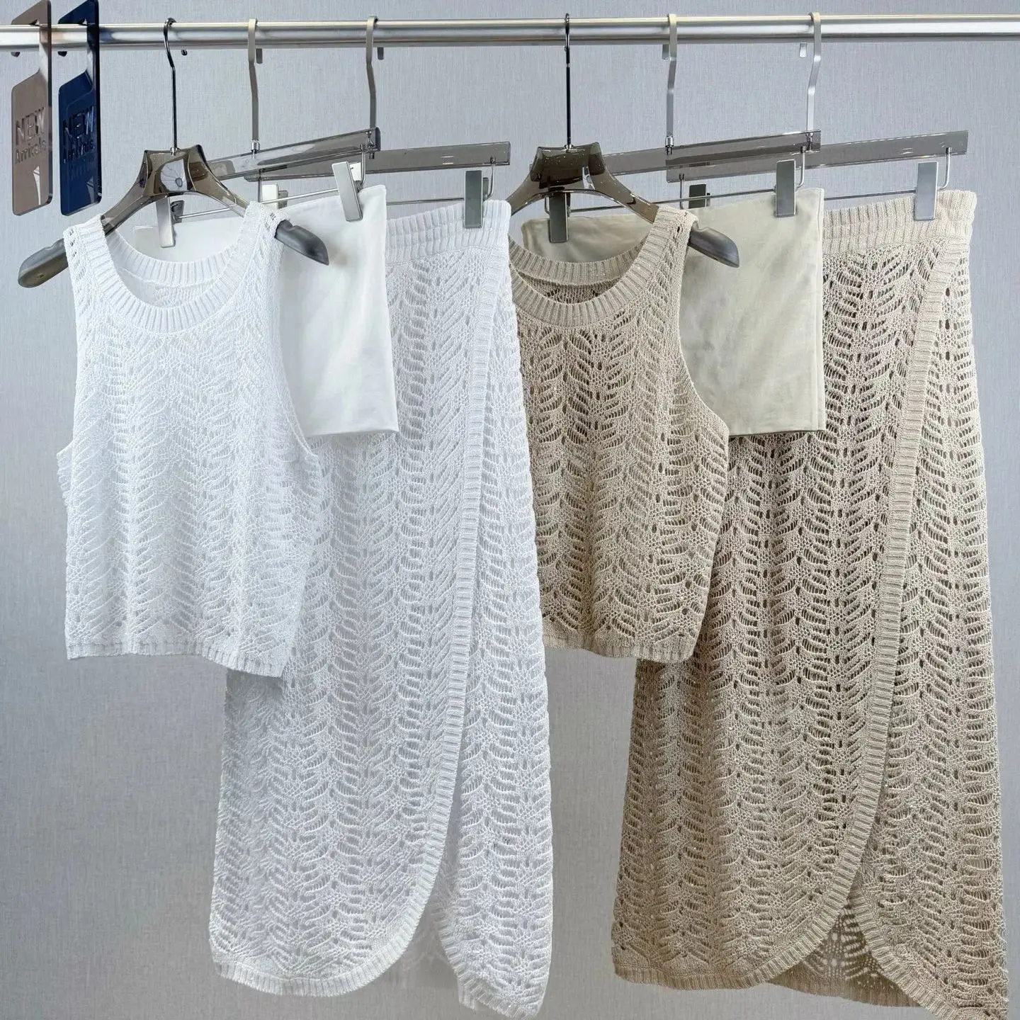 

Повседневный элегантный однотонный вязаный крючком комплект одежды из льна