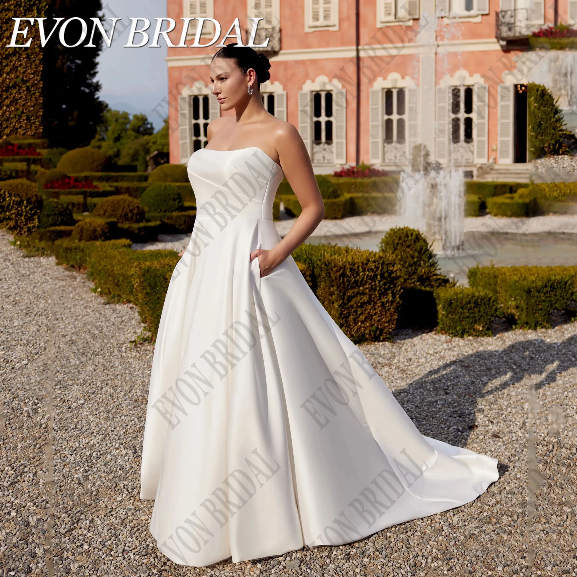 

EVON BRIDAL Plus Size Satin Wedding Dress 2025 Bride Strapless A Line Detachable Bow Wedding Gowns Customized Bridal Dresses