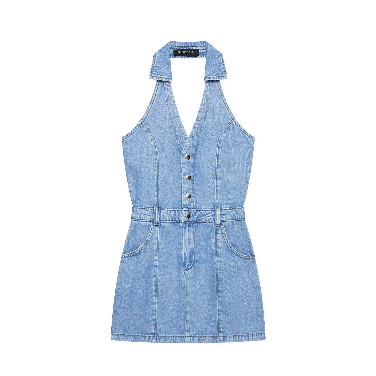 เดรสยีนส์สั้นแบบผูกคอ สไตล์ Y2 - Y2K Backless Halter Mini Dress บทวิจารณ์และราคา