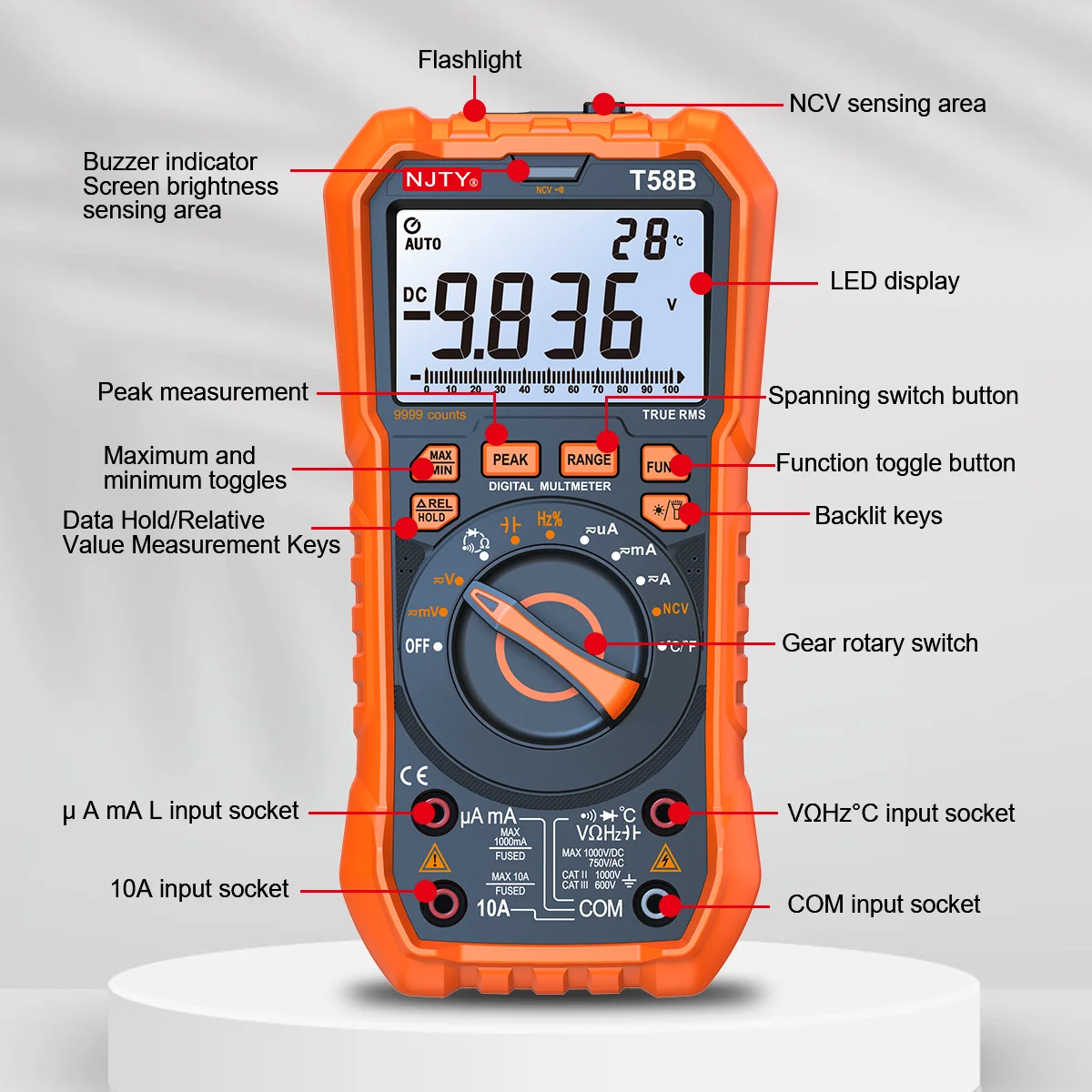 NJTY T58B T58C Digitalmultimeter 9999 Zählungen Auto Range LED-Blinkbuchse AC/DC Spannung Strom Induktivität Kapazität HZ TEMP – Detail 12