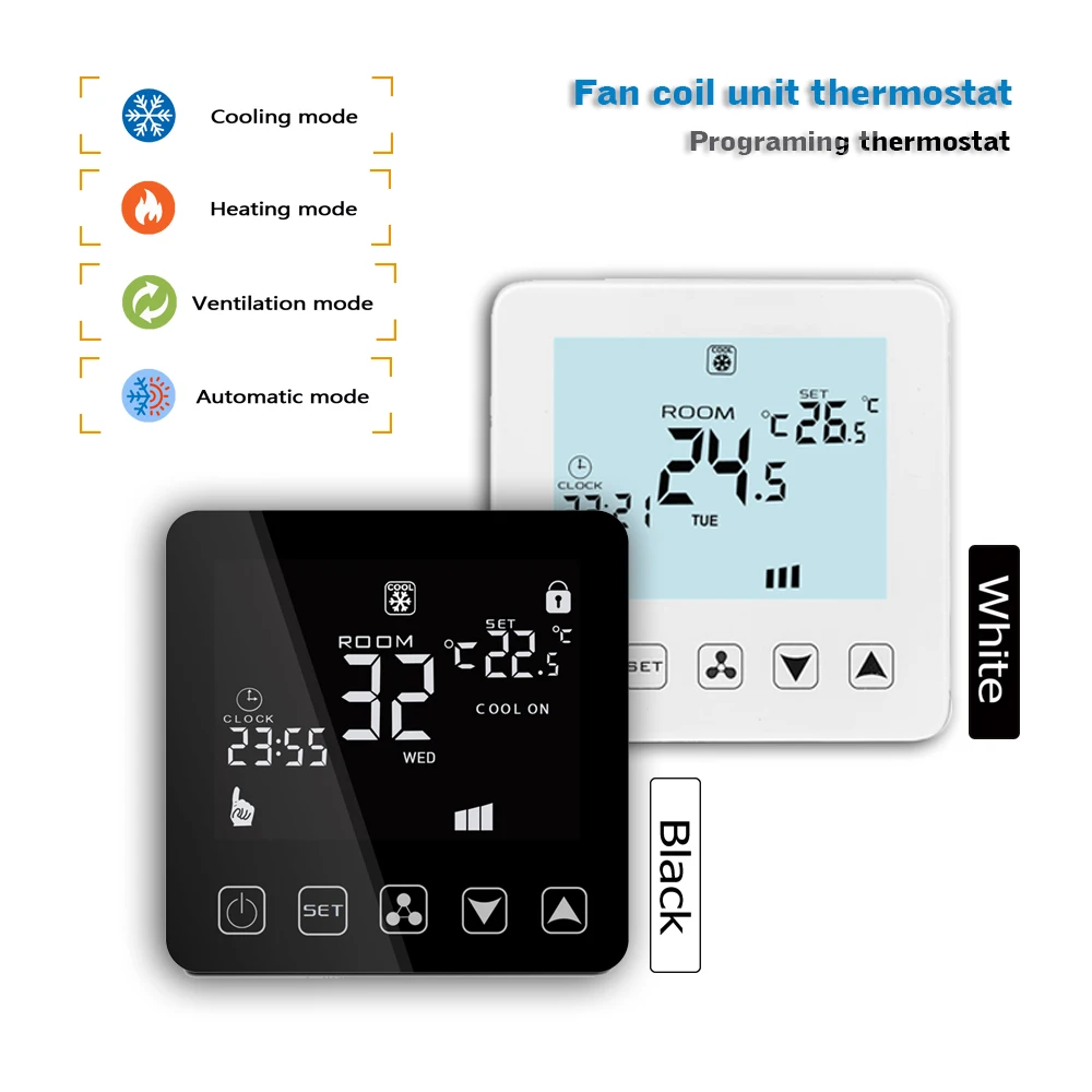 Air conditioning programming thermostat 2 pipes 4 pipes Fan coil thermostat for heating and cooling 95-230VAC