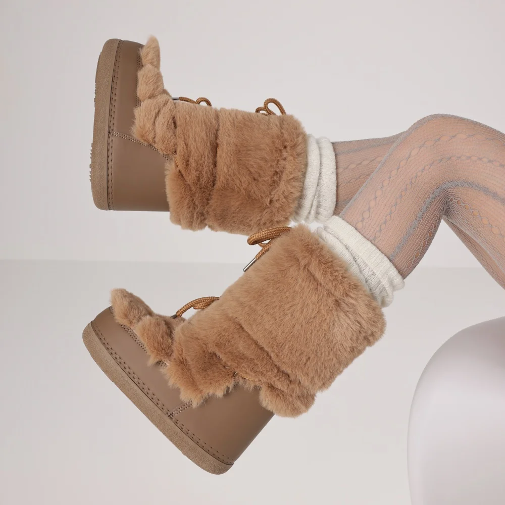 Furry Boots For Women Round Toe Flat Slip-on Winter Snow Warm Boots Women Faux Fur Fluffy Warm Boot Fashion Comfortable Outdoor Mid-Calf Boots Winter Party Flat Shoes