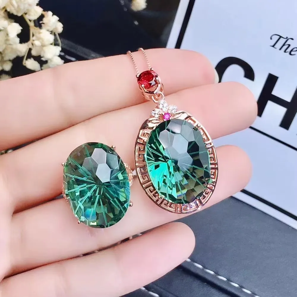 

KJJEAXCMY boutique jewelry 925 sterling silver inlaid Green crystal necklace pendant ring Women's suit