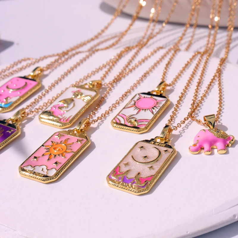 Pink Dripping Oil Punk Tarot Sun God Star Moon Hand Flame Elephant Girl Enamel Square Necklace for Women Gifts HangZhi2022 New