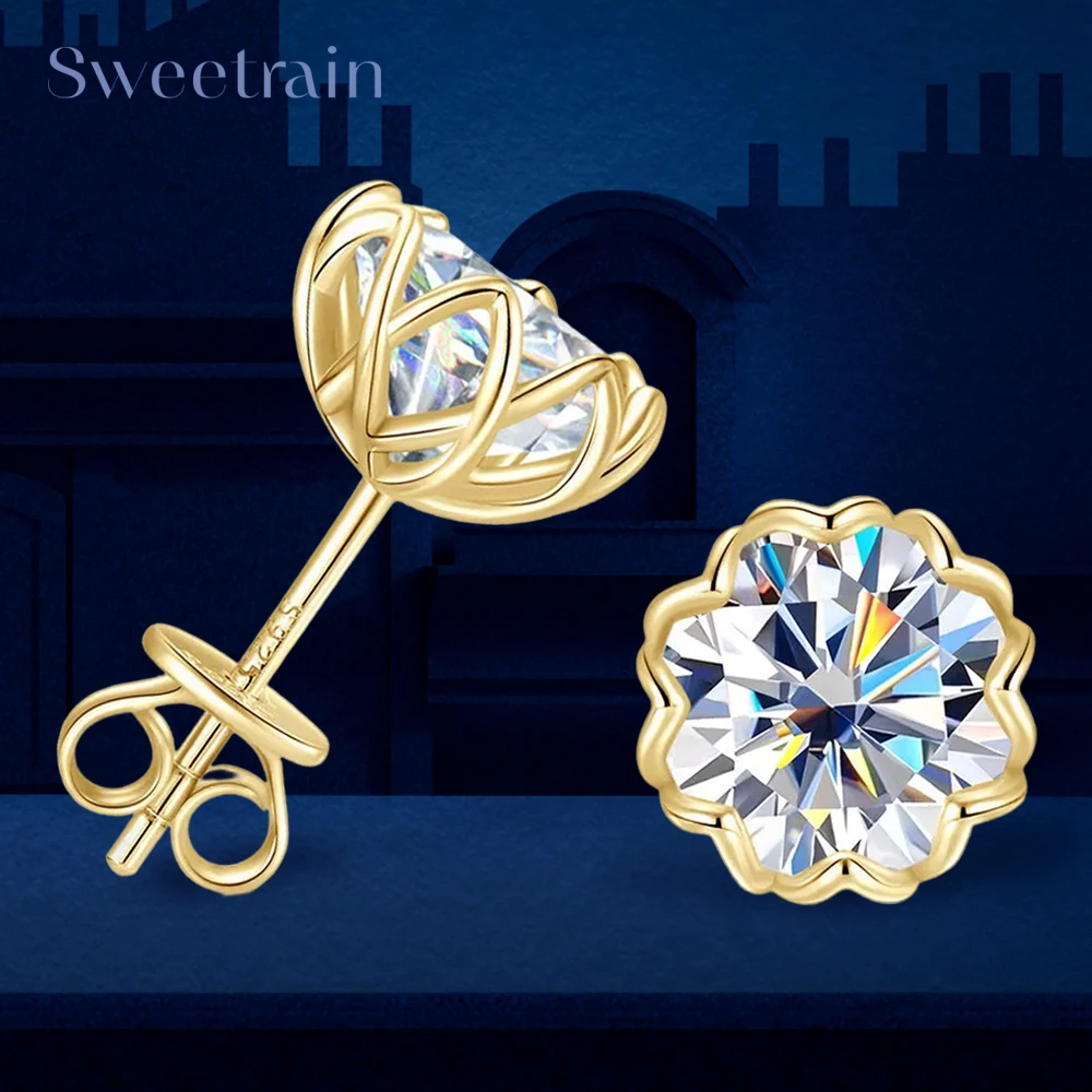 

Sweetrain Flower 1CT 2CT Moissanite Stud Earrings for Women Jewelry Lab Diamond Earring S925 Silver Plated 18k Gold Eear Studs